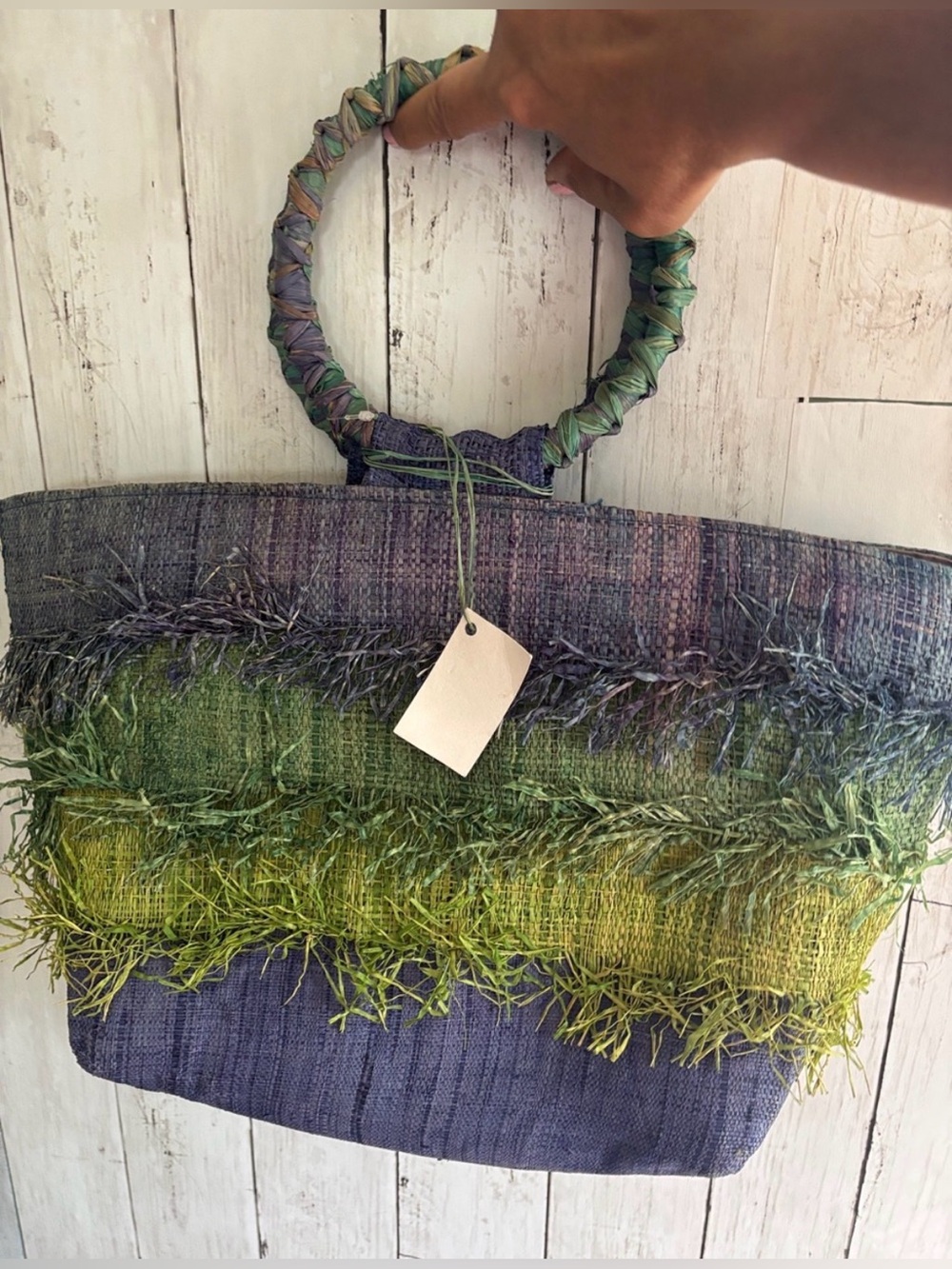 Handcrafted Green & Blue Straw Tote Bag with Circular Handles